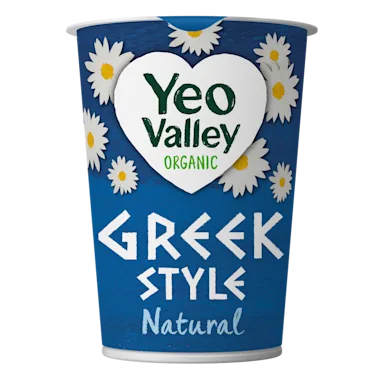 Yeo Valley Organic Greek Style yogurt container with blue background and white daisies.